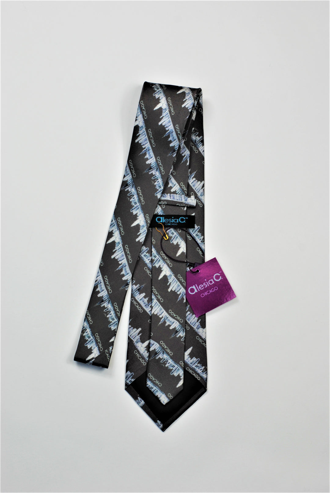 Chicago Skyline Silk Necktie – Pencil Illustration Design – Black