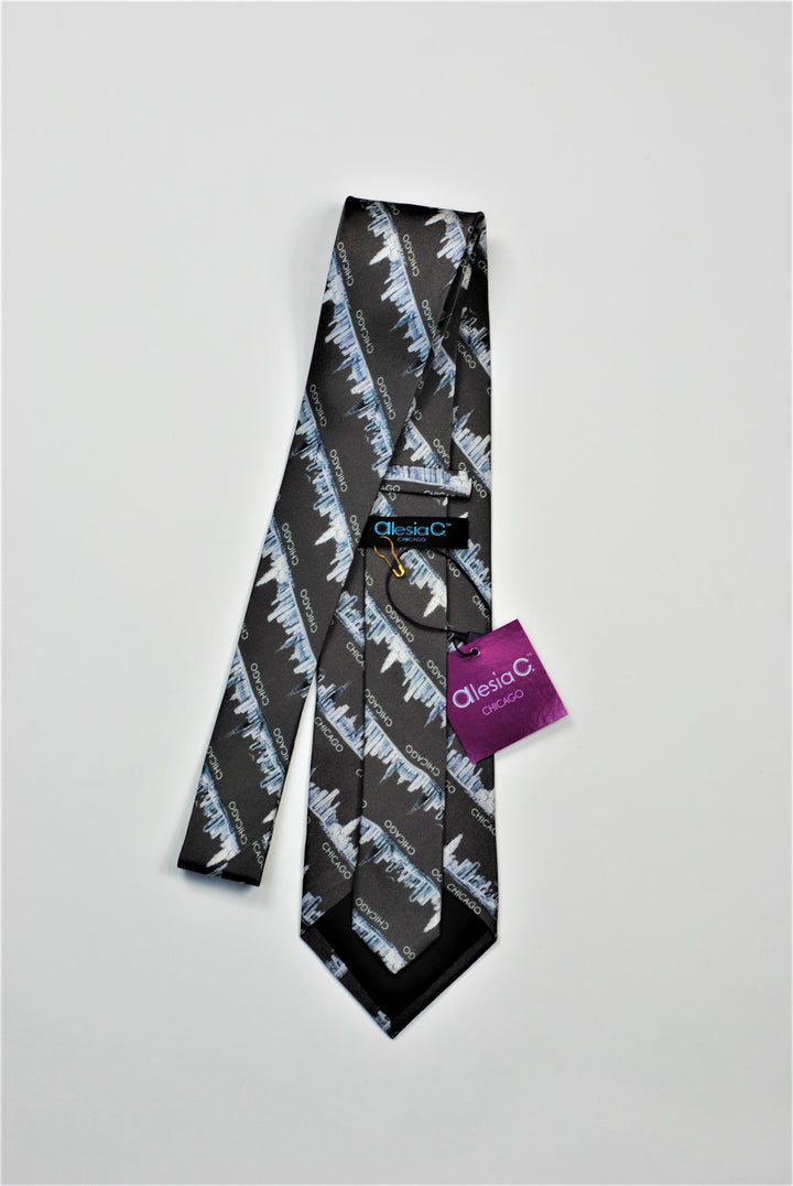 Chicago Skyline Silk Necktie – Pencil Illustration Design – Black
