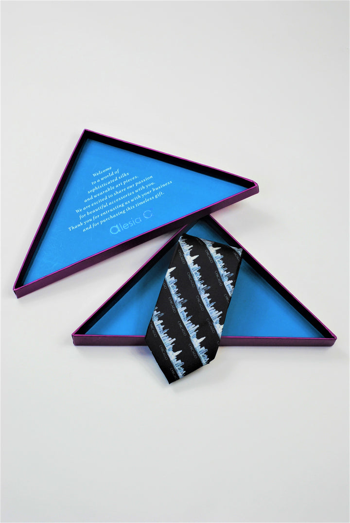 Chicago Skyline Silk Necktie – Pencil Illustration Design – Black