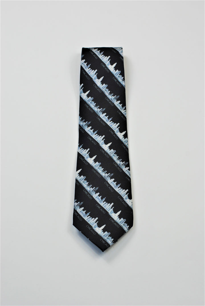 Chicago Skyline Silk Necktie – Pencil Illustration Design – Black