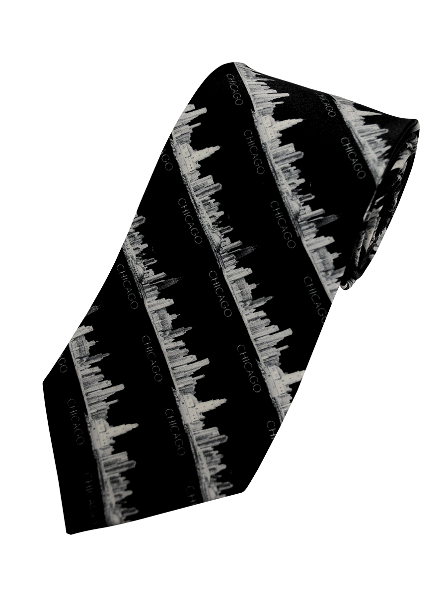 Chicago Skyline Silk Necktie – Pencil Illustration Design – Black