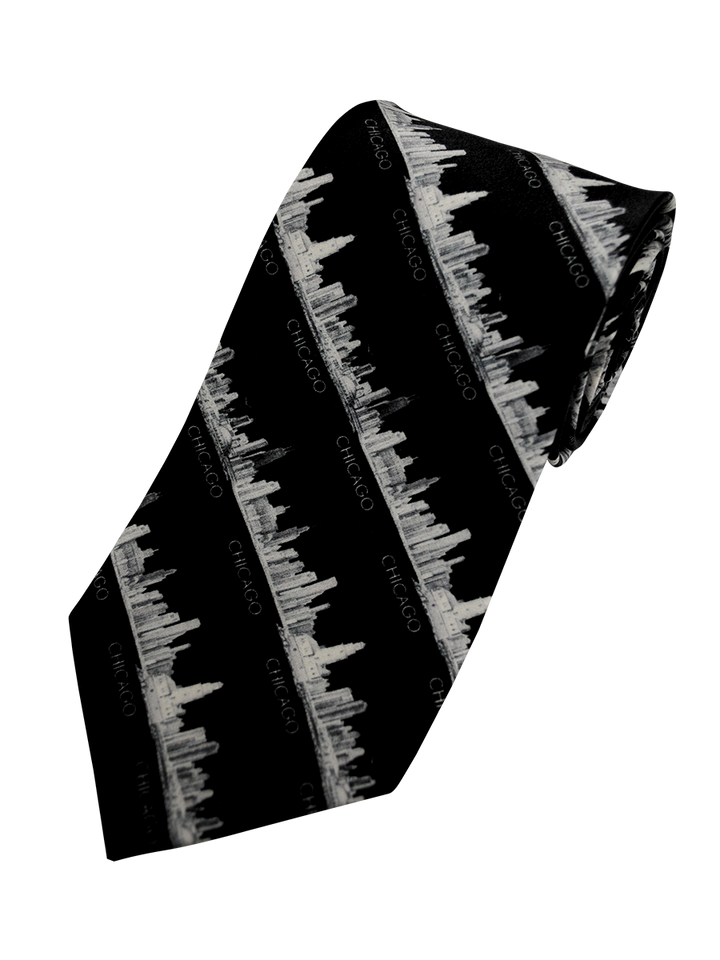 Chicago Skyline Silk Necktie – Pencil Illustration Design – Black