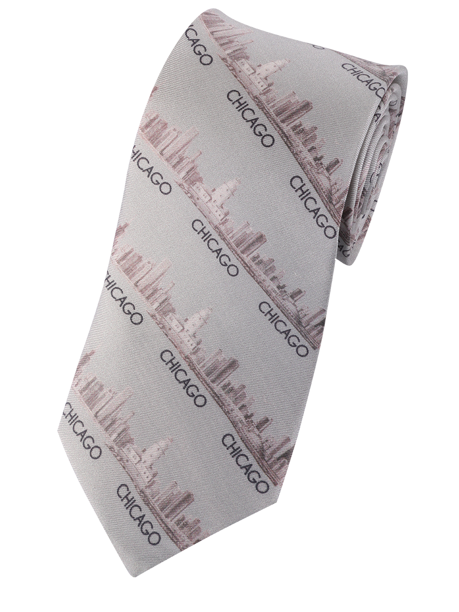 Chicago Skyline Silk Men’s Tie – Gray/Beige – Digital Print
