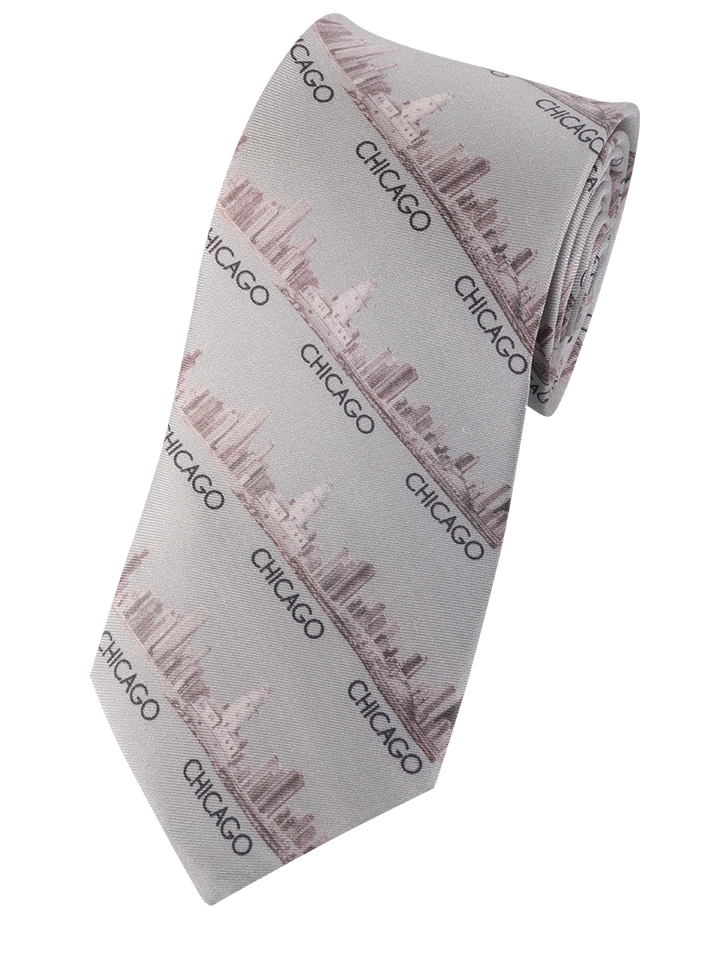 Chicago Skyline Silk Men’s Tie – Gray/Beige – Digital Print