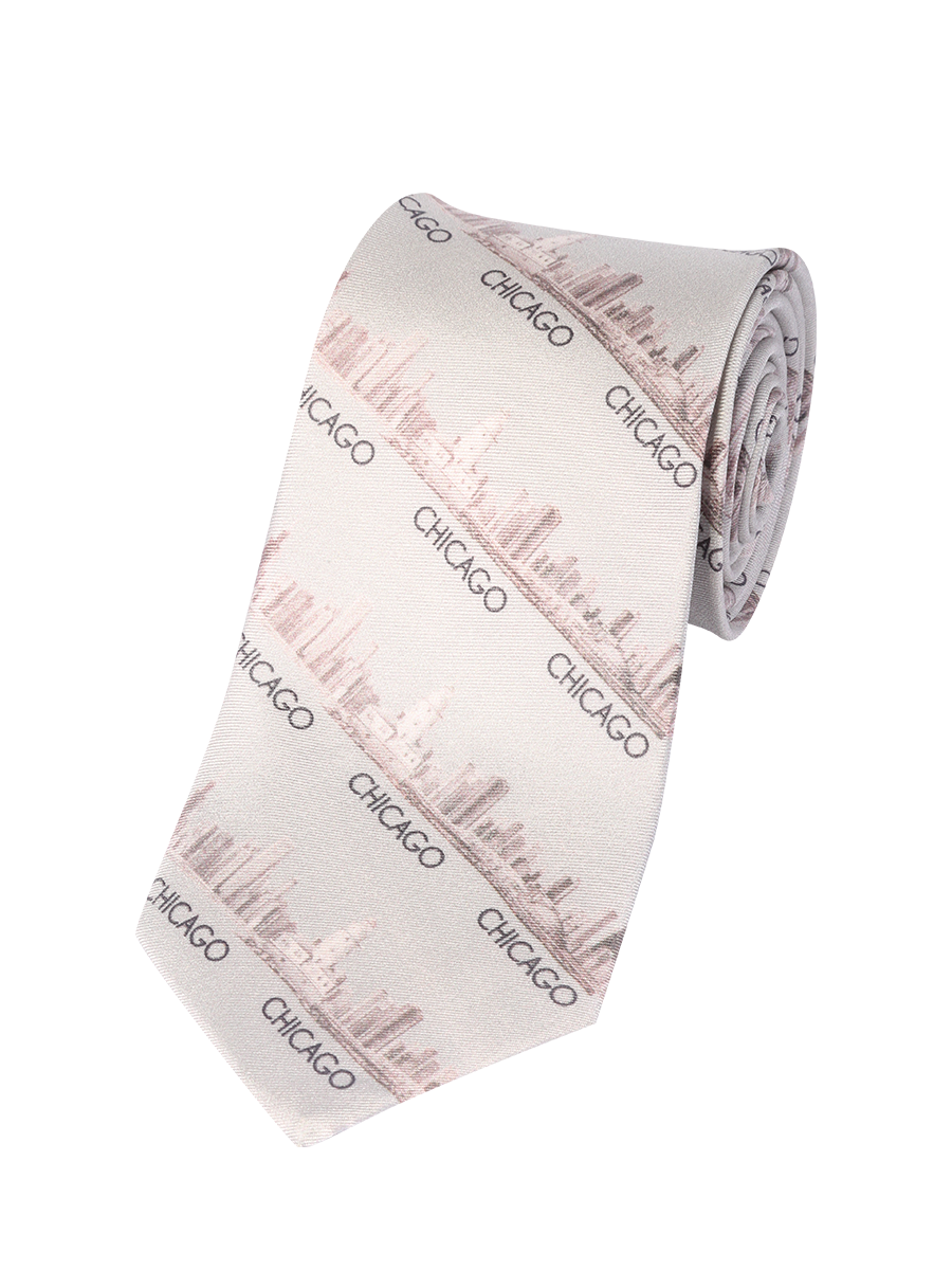 Chicago Skyline Silk Men’s Tie – Gray/Beige – Digital Print