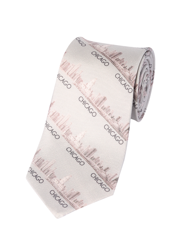 Chicago Skyline Silk Men’s Tie – Gray/Beige – Digital Print