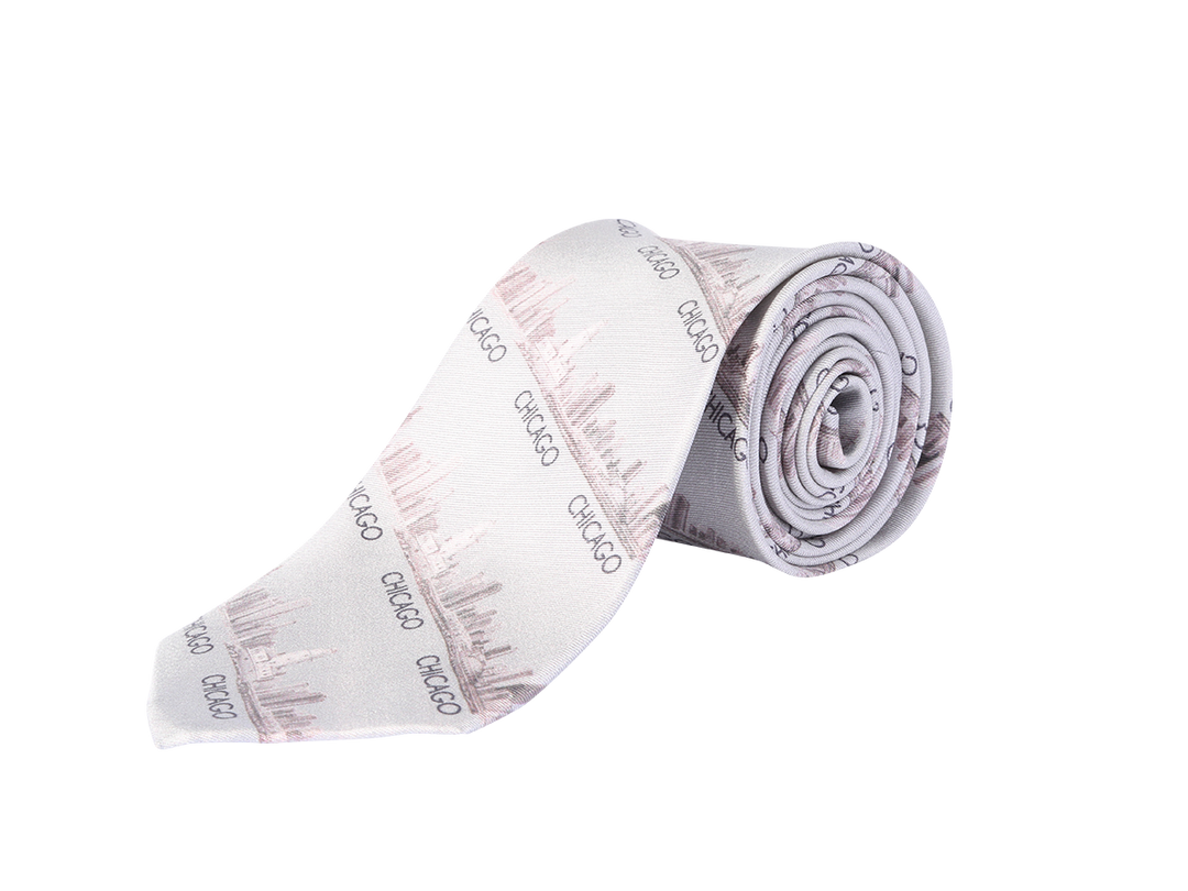 Chicago Skyline Silk Men’s Tie – Gray/Beige – Digital Print