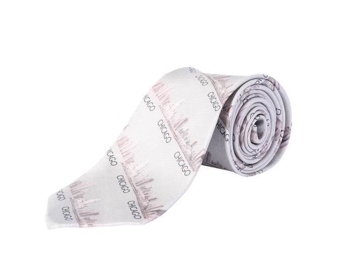 Chicago Skyline Silk Men’s Tie – Gray/Beige – Digital Print