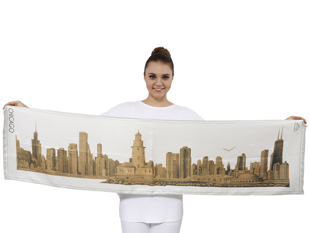 Chicago Skyline Mulberry Silk Charmeuse Rectangle Scarf – Gold and White