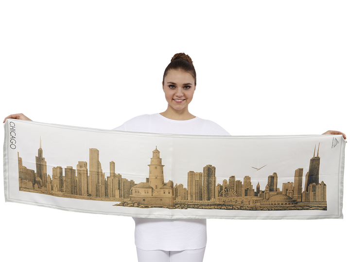 Chicago Skyline Mulberry Silk Charmeuse Rectangle Scarf – Gold and White