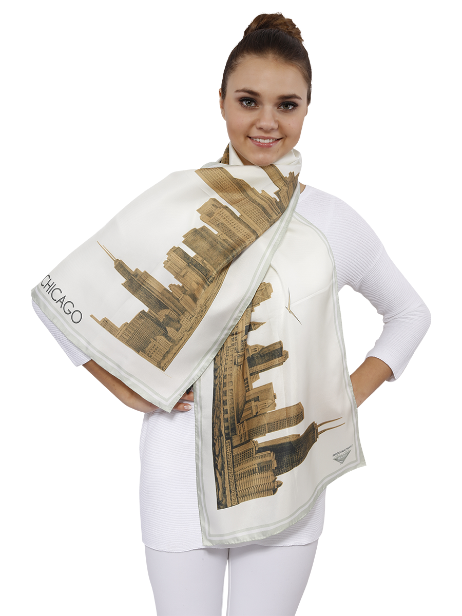 Chicago Skyline Mulberry Silk Charmeuse Rectangle Scarf – Gold and White