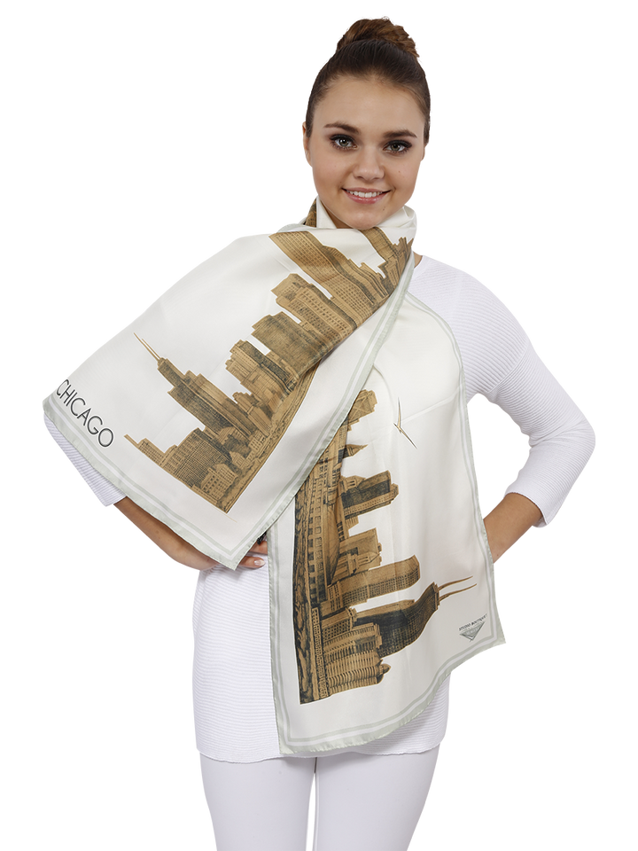 Chicago Skyline Mulberry Silk Charmeuse Rectangle Scarf – Gold and White