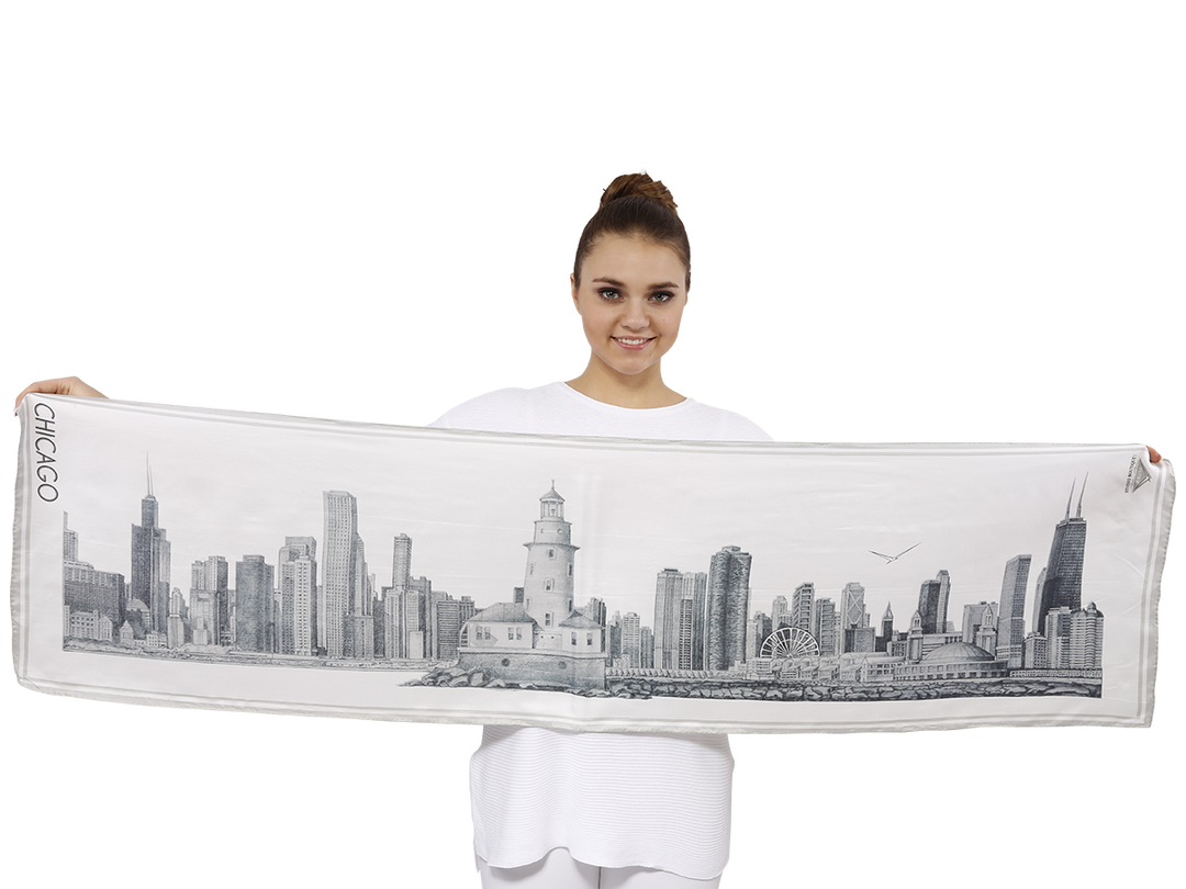 Chicago Skyline Art Pure Silk Scarf Wearable Art Luxury Gift Chicago History Souvenir Illustration Corporate Gift for Mom Wife Grandmother by Alesia Chaika