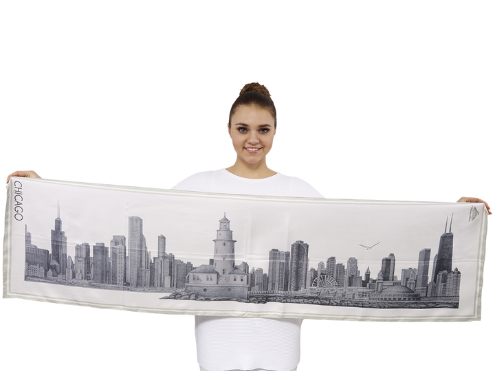 Chicago Skyline Mulberry Silk Charmeuse Rectangle Scarf – Gray and White
