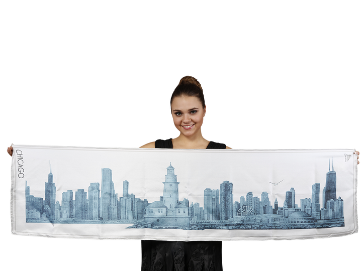 Chicago Skyline Mulberry Silk Charmeuse Scarf – Rectangle – Blue and White