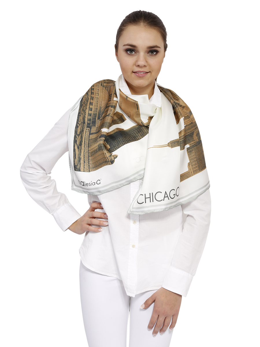 White Gold City of Chicago Skyline Art 100% Silk Twill Scarf by Alesia Chaika Chicago Artist Fashion Designer