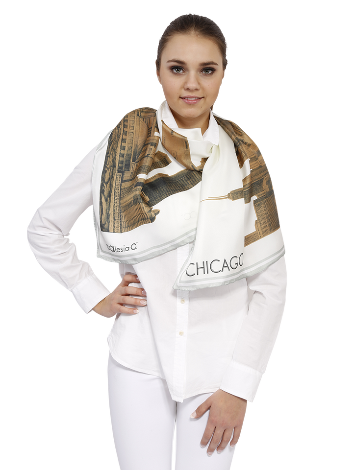 Chicago Skyline Mulberry Silk Long Scarf – Rectangle – Gold and White