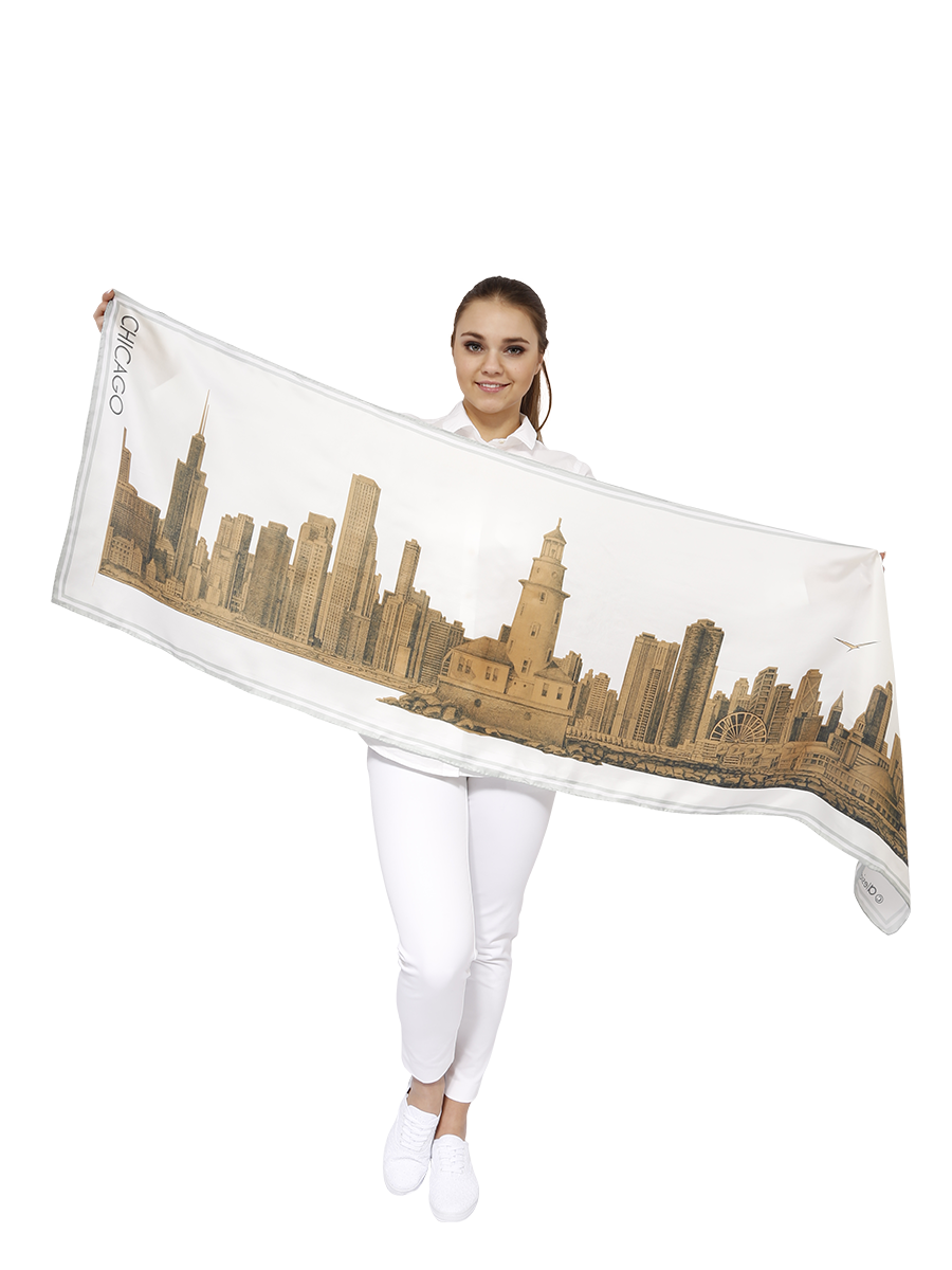 Chicago Skyline Mulberry Silk Long Scarf – Rectangle – Gold and White