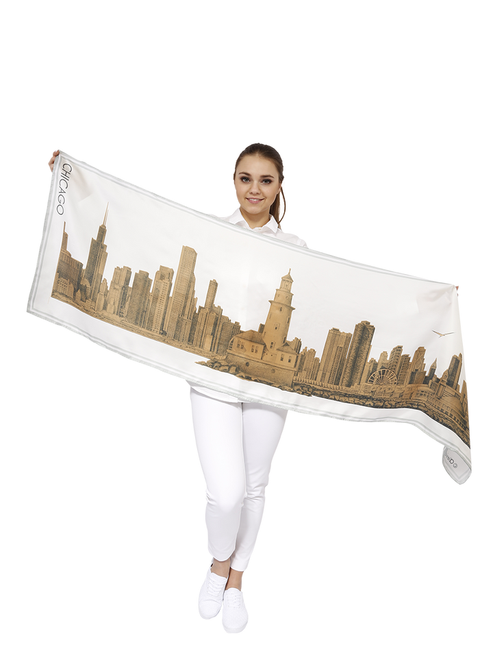 Chicago Skyline Mulberry Silk Long Scarf – Rectangle – Gold and White