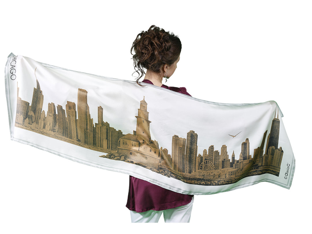 Chicago Skyline Mulberry Silk Long Scarf – Rectangle – Gold and White