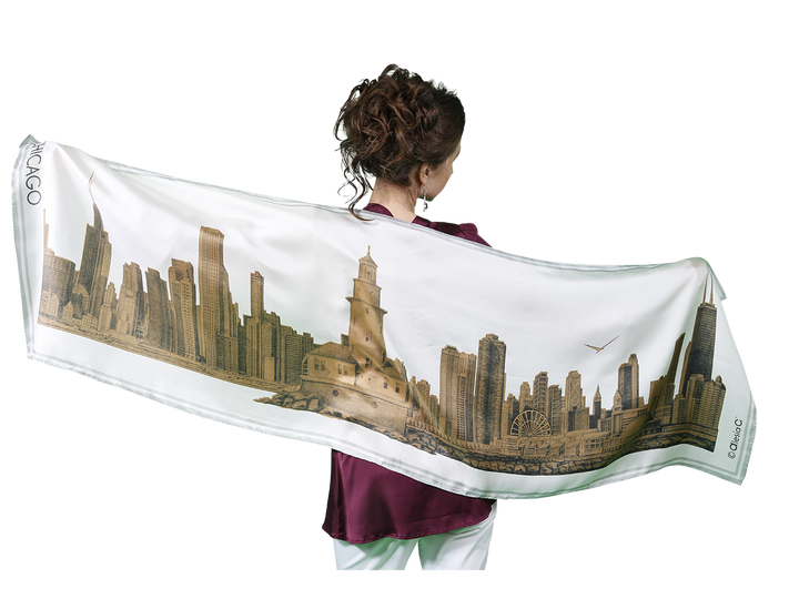 Chicago Skyline Mulberry Silk Long Scarf – Rectangle – Gold and White