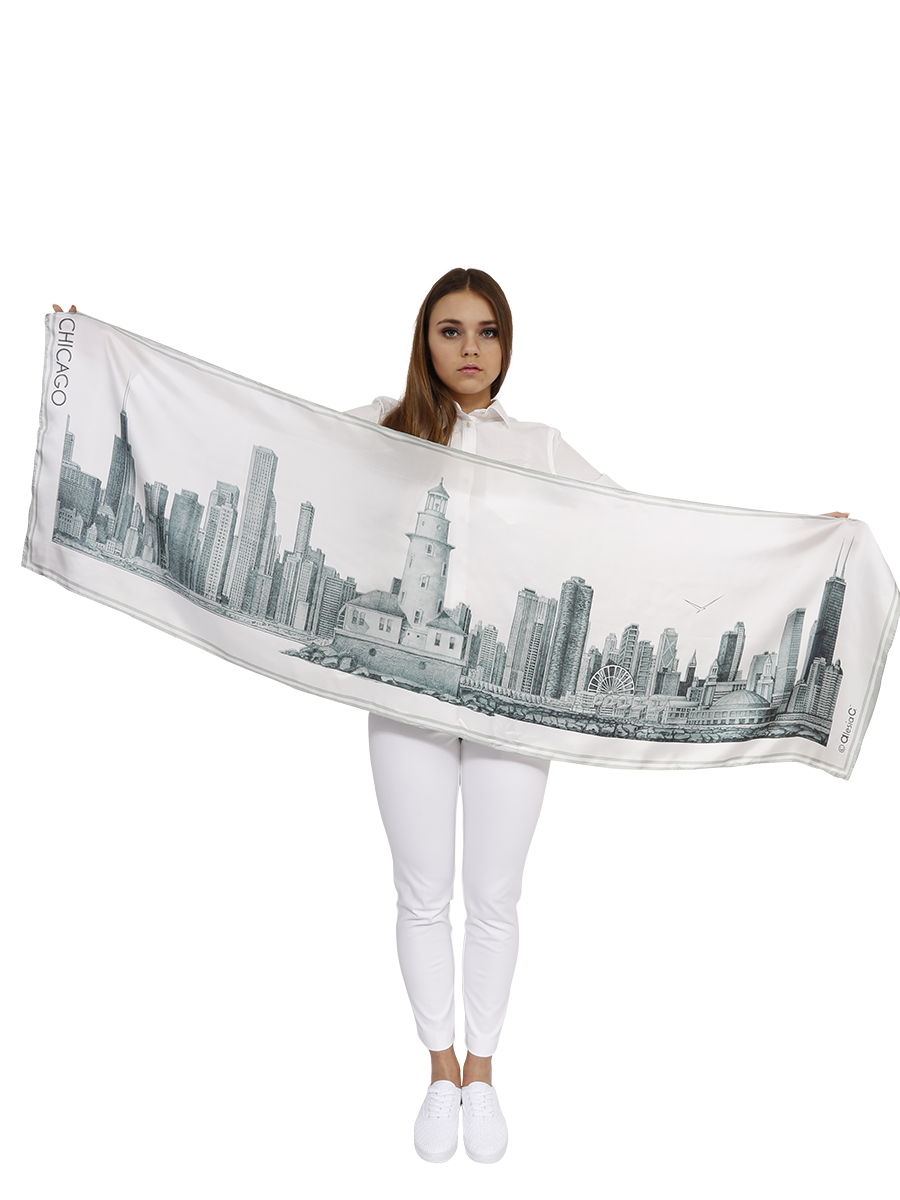 Chicago Skyline Art Luxury Souvenir 100% Silk Scarf Unique Gift Corporate Gift Pencil Illustration Art City Of Chicago by Alesia C. Peter Koutun Photography