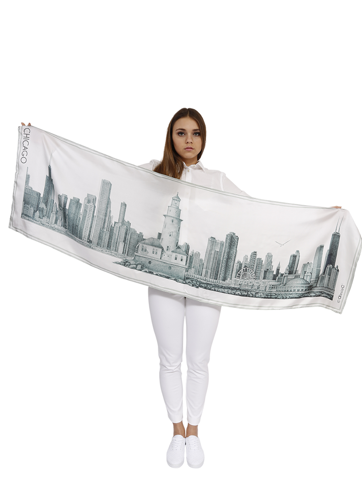 Chicago Skyline Art Luxury Souvenir 100% Silk Scarf Unique Gift Corporate Gift Pencil Illustration Art City Of Chicago by Alesia C. Peter Koutun Photography