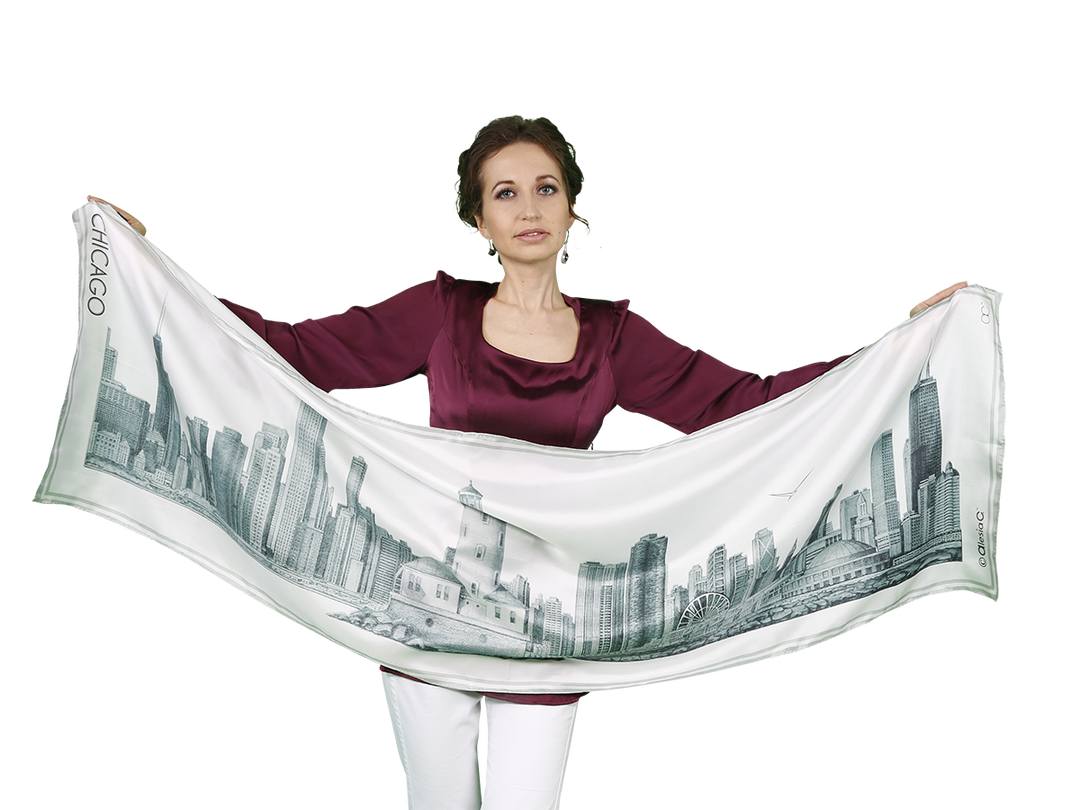 Chicago Skyline Mulberry Silk Long Scarf – Rectangle – Gray and White