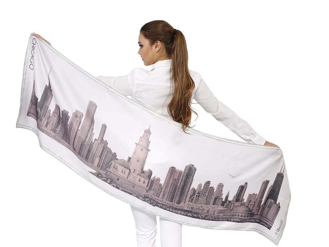 Chicago Skyline Mulberry Silk Long Scarf – Rectangle – Pink and White
