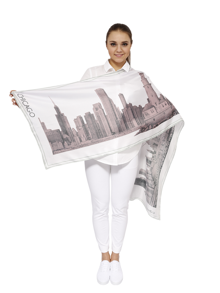 Chicago Skyline Mulberry Silk Long Scarf – Rectangle – Pink and White