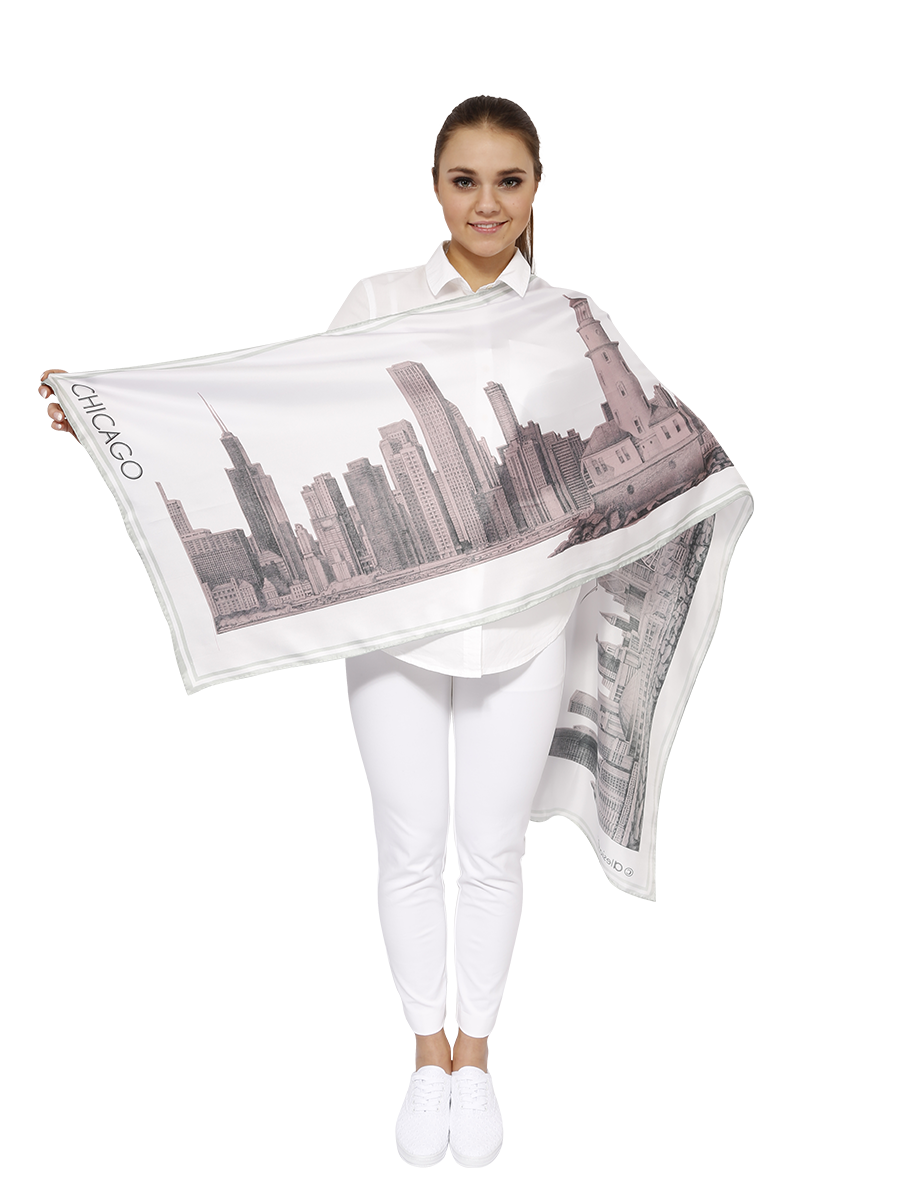 CHICAGO Skyline Art 100% Silk Stole Scarf in Blush White