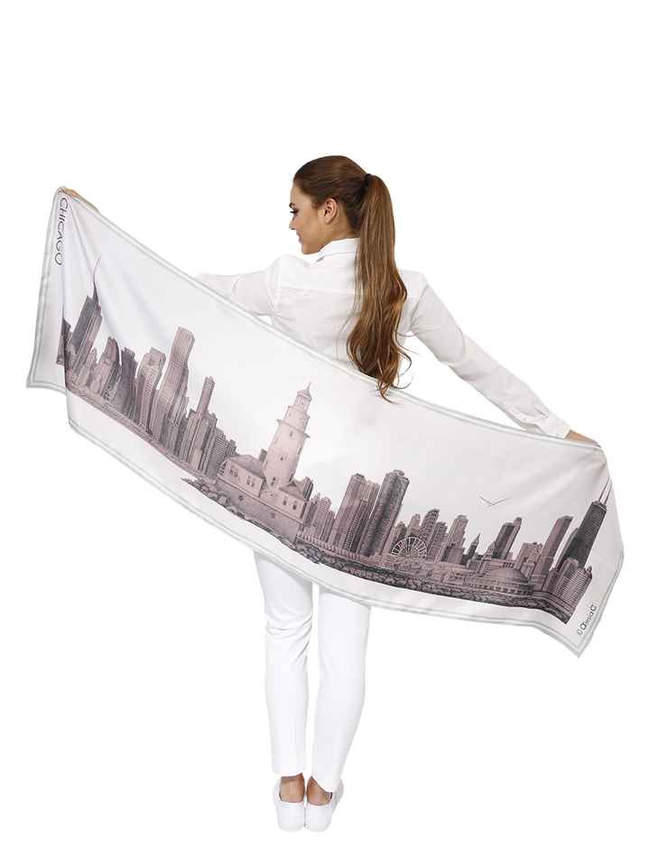 Chicago Skyline Mulberry Silk Long Scarf – Rectangle – Pink and White