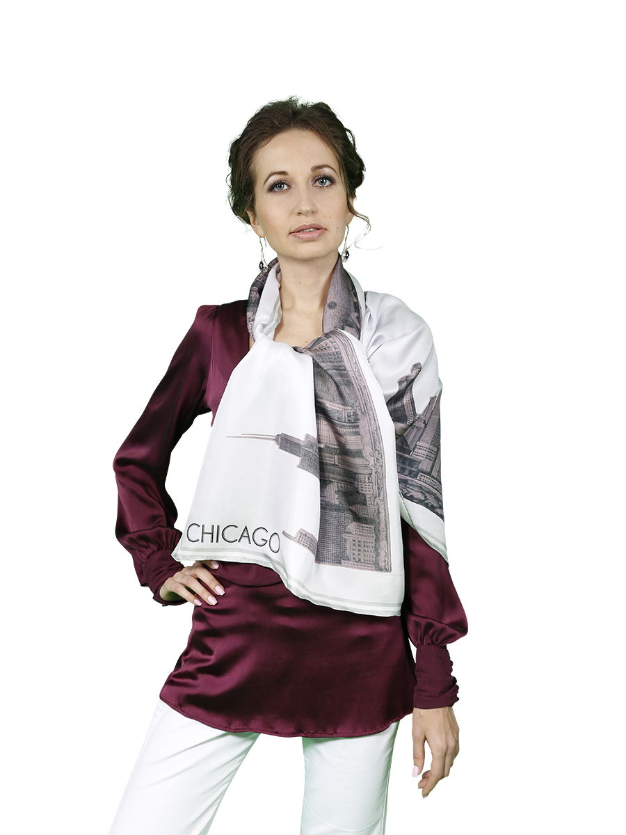 Chicago Skyline Mulberry Silk Long Scarf – Rectangle – Pink and White
