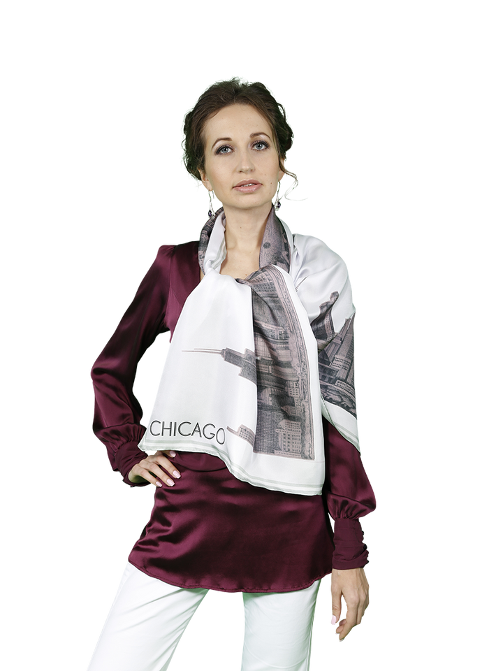 Chicago Skyline Mulberry Silk Long Scarf – Rectangle – Pink and White
