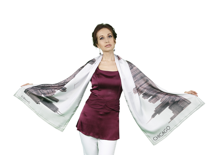Chicago Skyline Mulberry Silk Long Scarf – Rectangle – Pink and White
