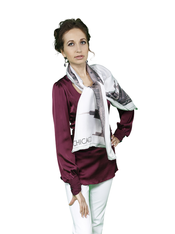 Chicago Skyline Mulberry Silk Long Scarf – Rectangle – Pink and White