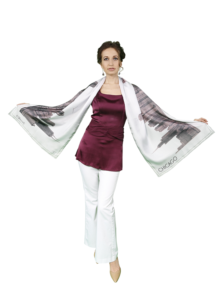 Chicago Skyline Mulberry Silk Long Scarf – Rectangle – Pink and White