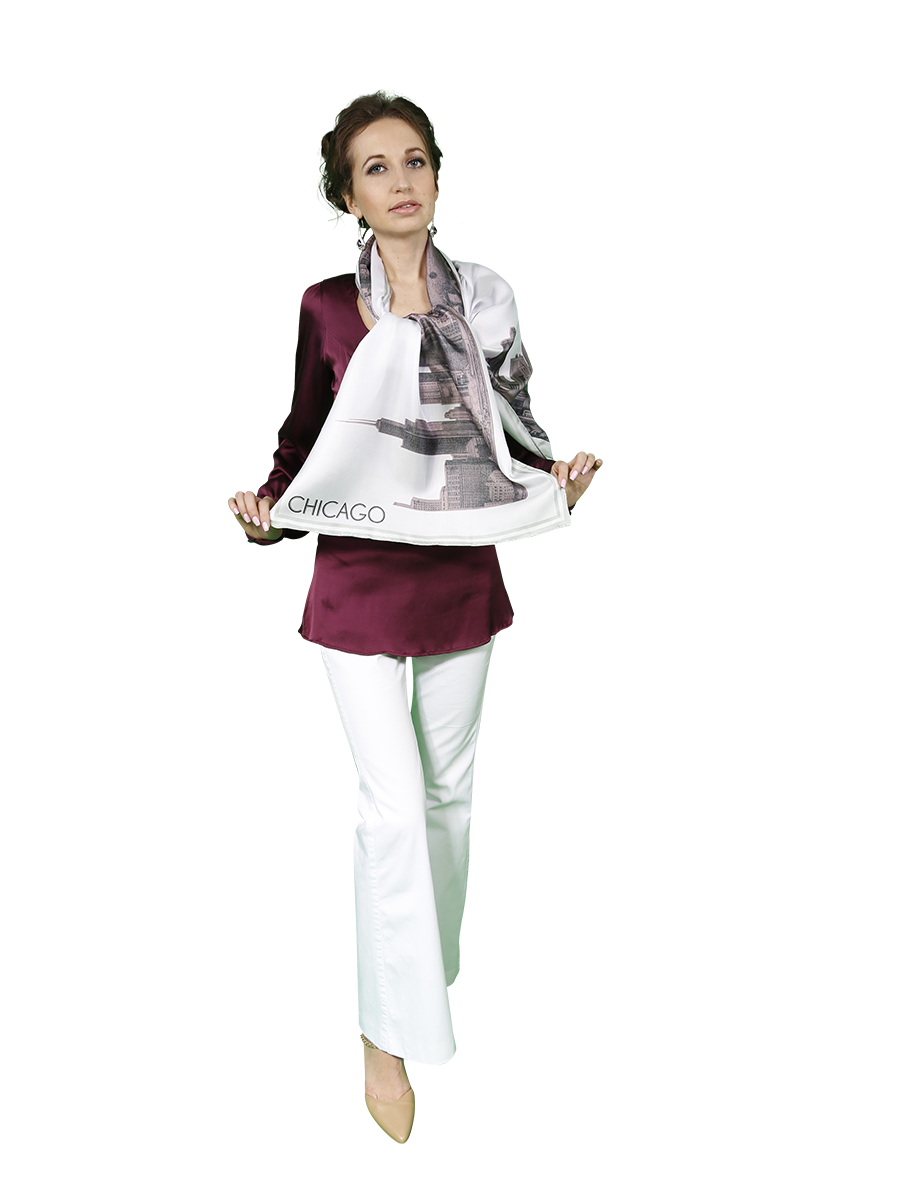 Chicago Skyline Mulberry Silk Long Scarf – Rectangle – Pink and White