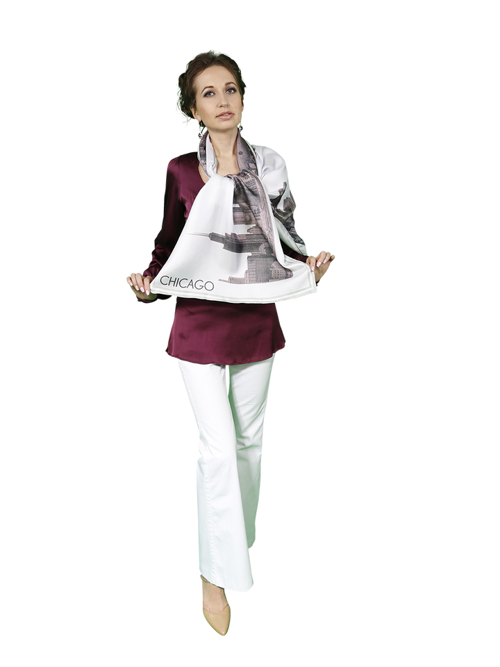 Chicago Skyline Mulberry Silk Long Scarf – Rectangle – Pink and White