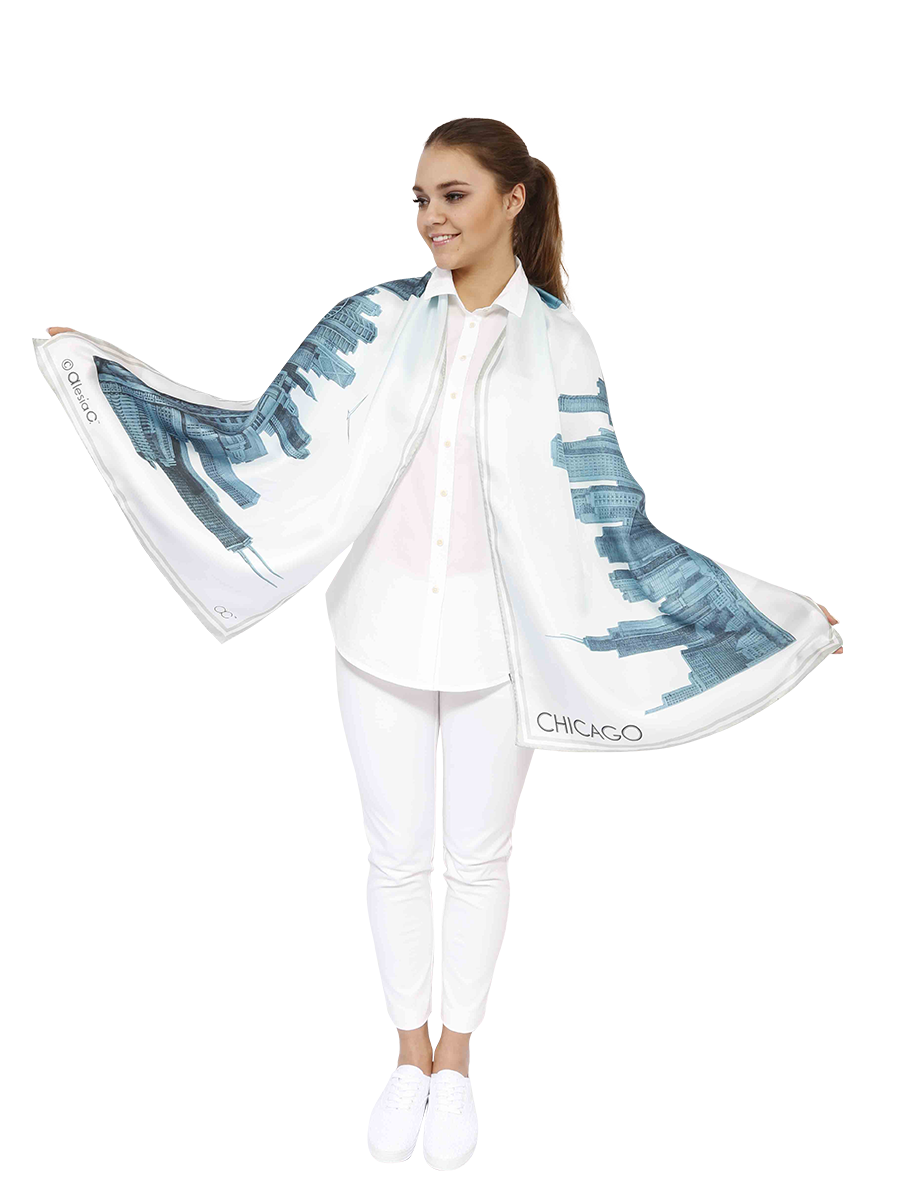 Chicago Skyline Mulberry Silk Long Scarf – Rectangle – Blue and White