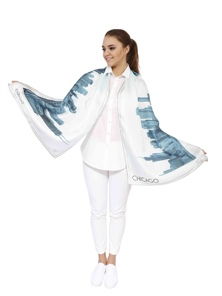 Chicago Skyline Mulberry Silk Long Scarf – Rectangle – Blue and White