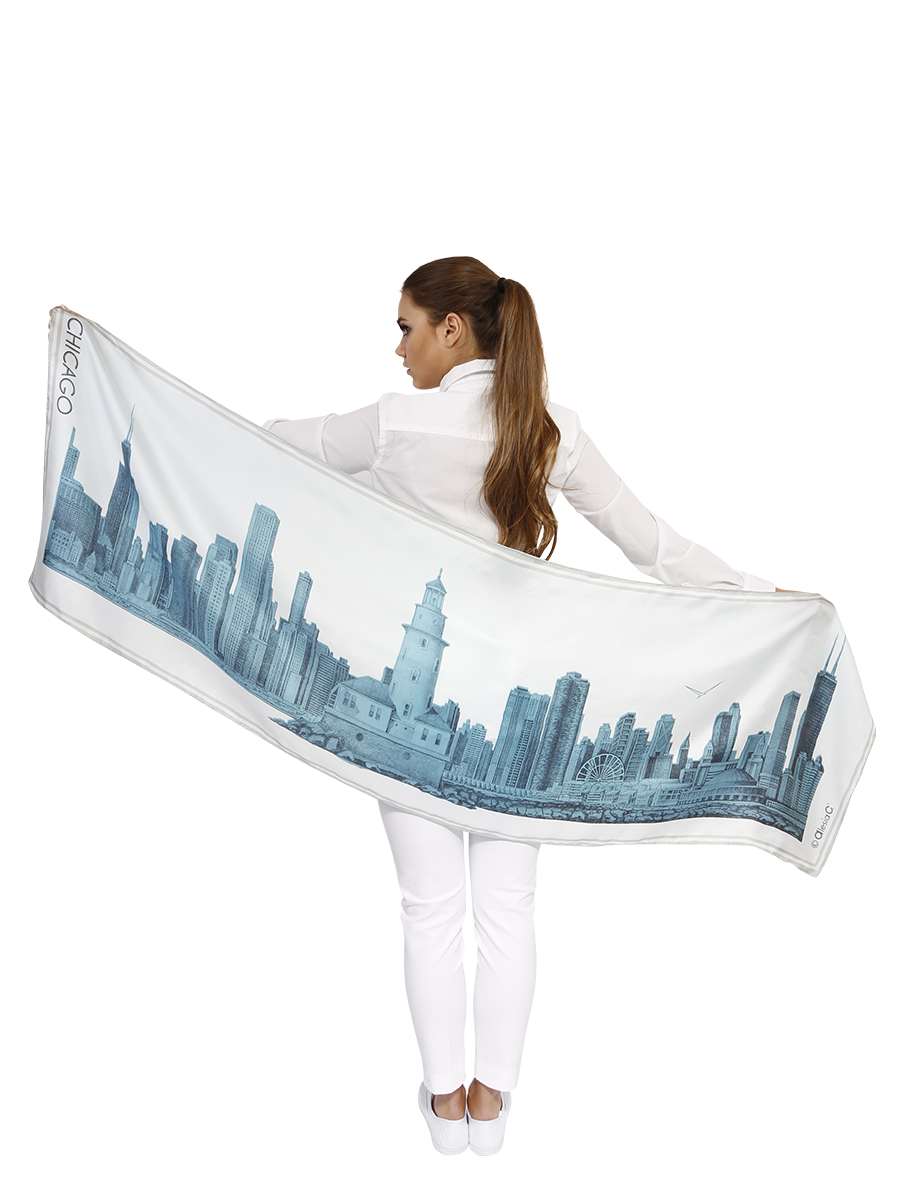 Chicago Skyline Mulberry Silk Long Scarf – Rectangle – Blue and White