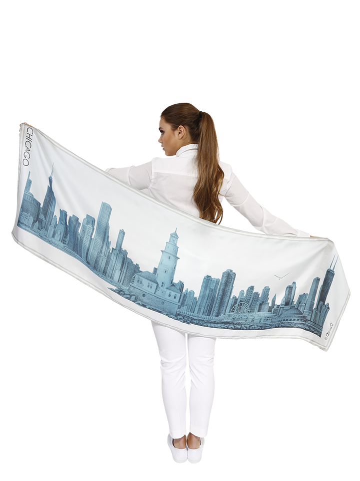 Chicago Skyline Mulberry Silk Long Scarf – Rectangle – Blue and White