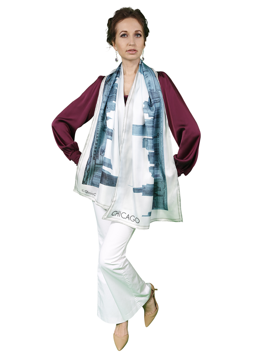 Chicago Skyline Mulberry Silk Long Scarf – Rectangle – Blue and White