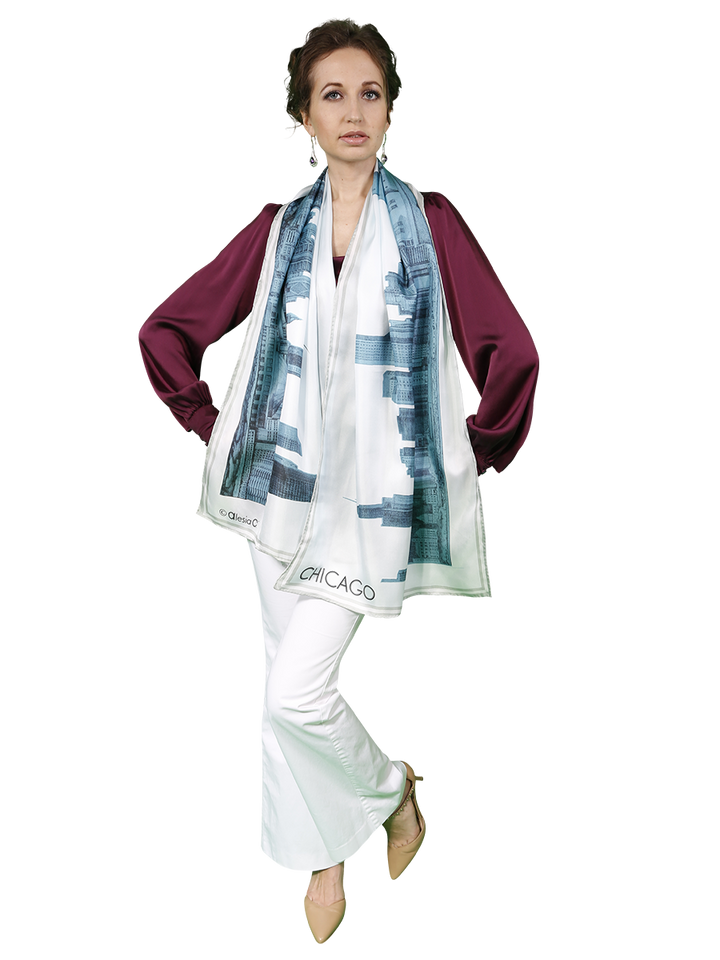 Chicago Skyline Mulberry Silk Long Scarf – Rectangle – Blue and White