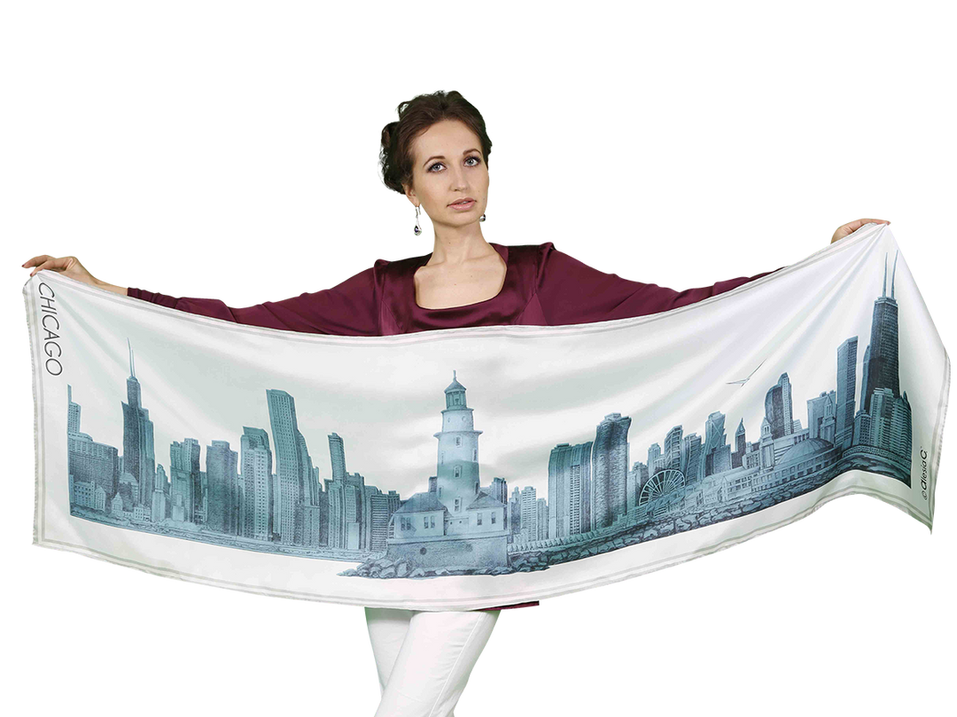 Chicago Skyline Mulberry Silk Long Scarf – Rectangle – Blue and White