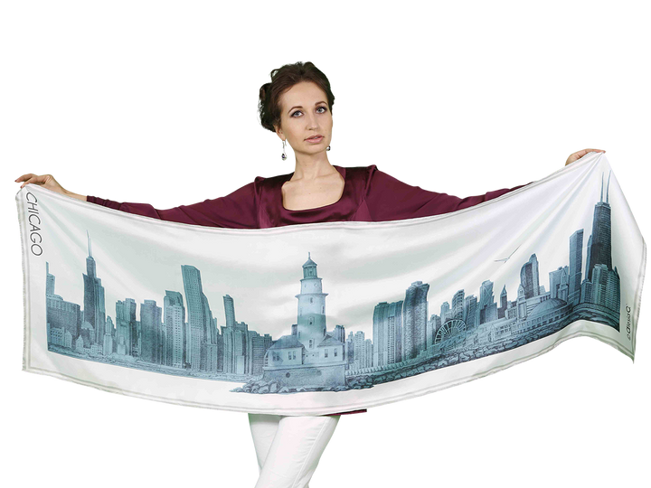 Chicago Skyline Mulberry Silk Long Scarf – Rectangle – Blue and White