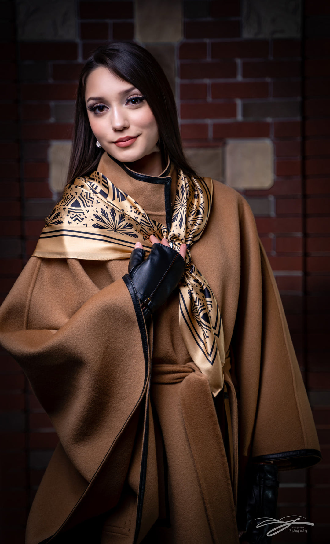 KIMONO Camel Belted Cape Coat in Virgin Wool Cashmere Black Leather