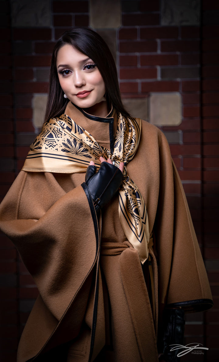 KIMONO Camel Belted Cape Coat in Virgin Wool Cashmere Black Leather