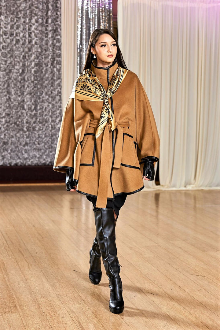 KIMONO Camel Belted Cape Coat in Virgin Wool Cashmere Black Leather